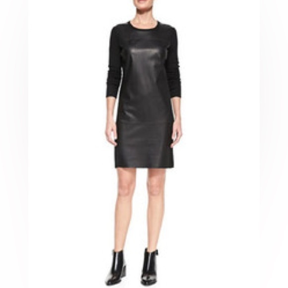 Vince Black Lamb Leather Paneled Long Sleeve Wool Shift Dress Sz M - Picture 1 of 9